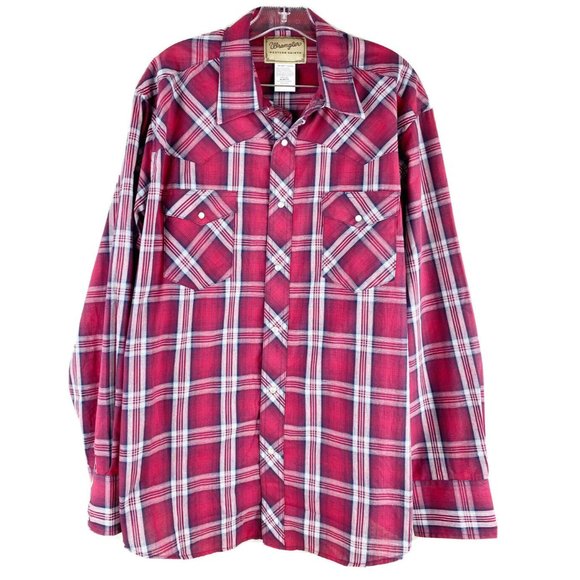 Wrangler Men  XL Red Plaid Long Sleeve Snap Western Cotton/Poly Lightweight EUC - Picture 1 of 6